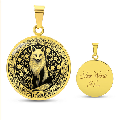Gold finish woodland fox necklace featuring intricate black-and-white fox artwork on a circular pendant engraved