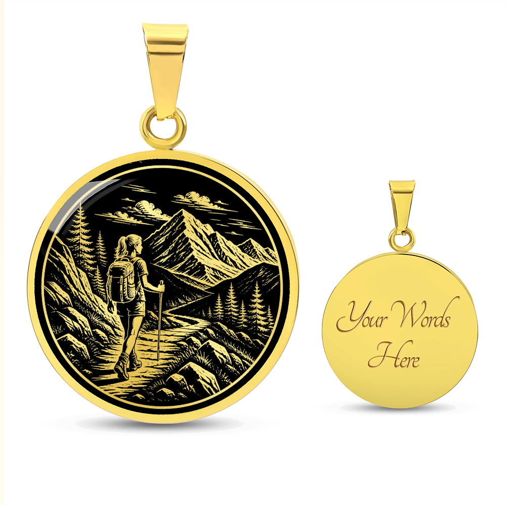 Woman Hiking Necklace – Linocut Mountain Adventure Pendant