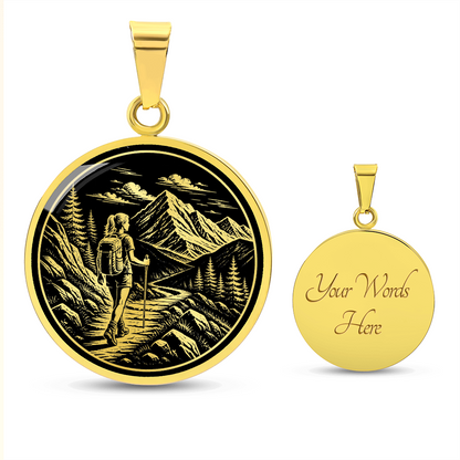 Woman Hiking Necklace – Linocut Mountain Adventure Pendant