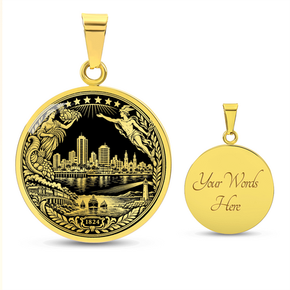 Gold Machala Ecuador necklace with waterfront skyline, agricultural figure, ships, lighthouse and 1824 heritage emblem with engraving