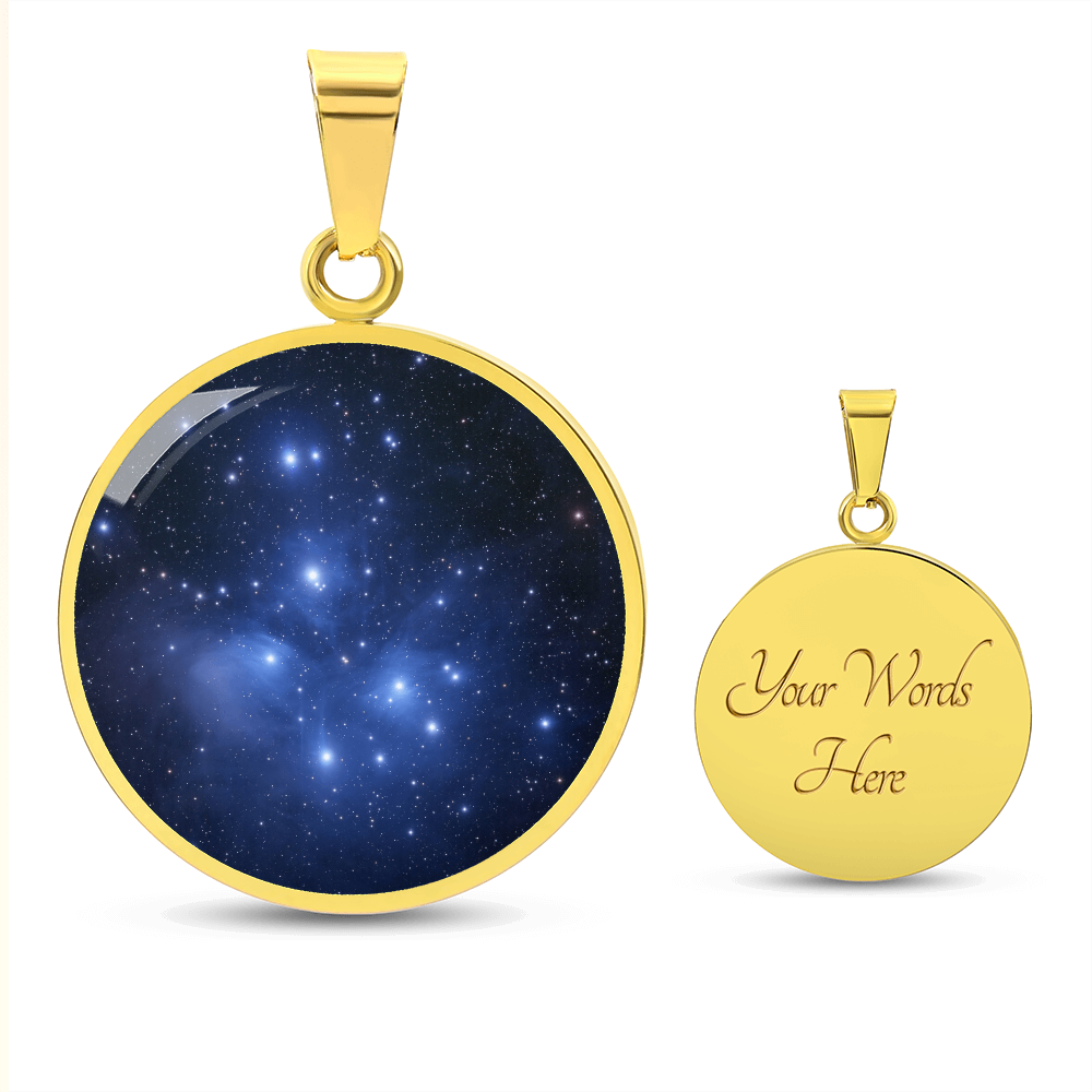 Pleiades star cluster necklace featuring Seven Sisters astronomy artwork on a circular pendant engraved, gold.