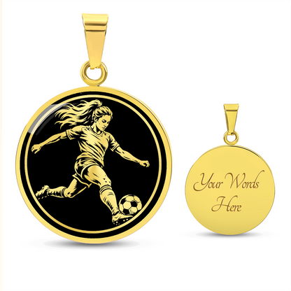 Optional back engraving on round female soccer player pendant necklace