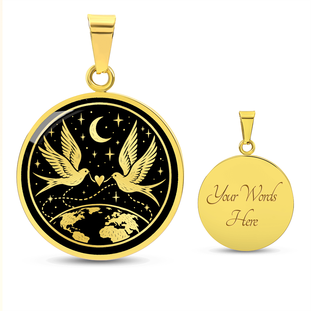 Gold finish long distance relationship necklace with two doves and crescent moon engraving option