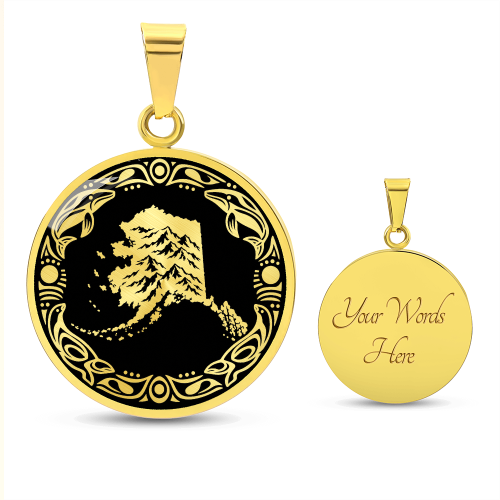Gold finish Alaska mountain necklace with dramatic snowy peak illustration, black and gold linocut design and decorative border. with optional engraving