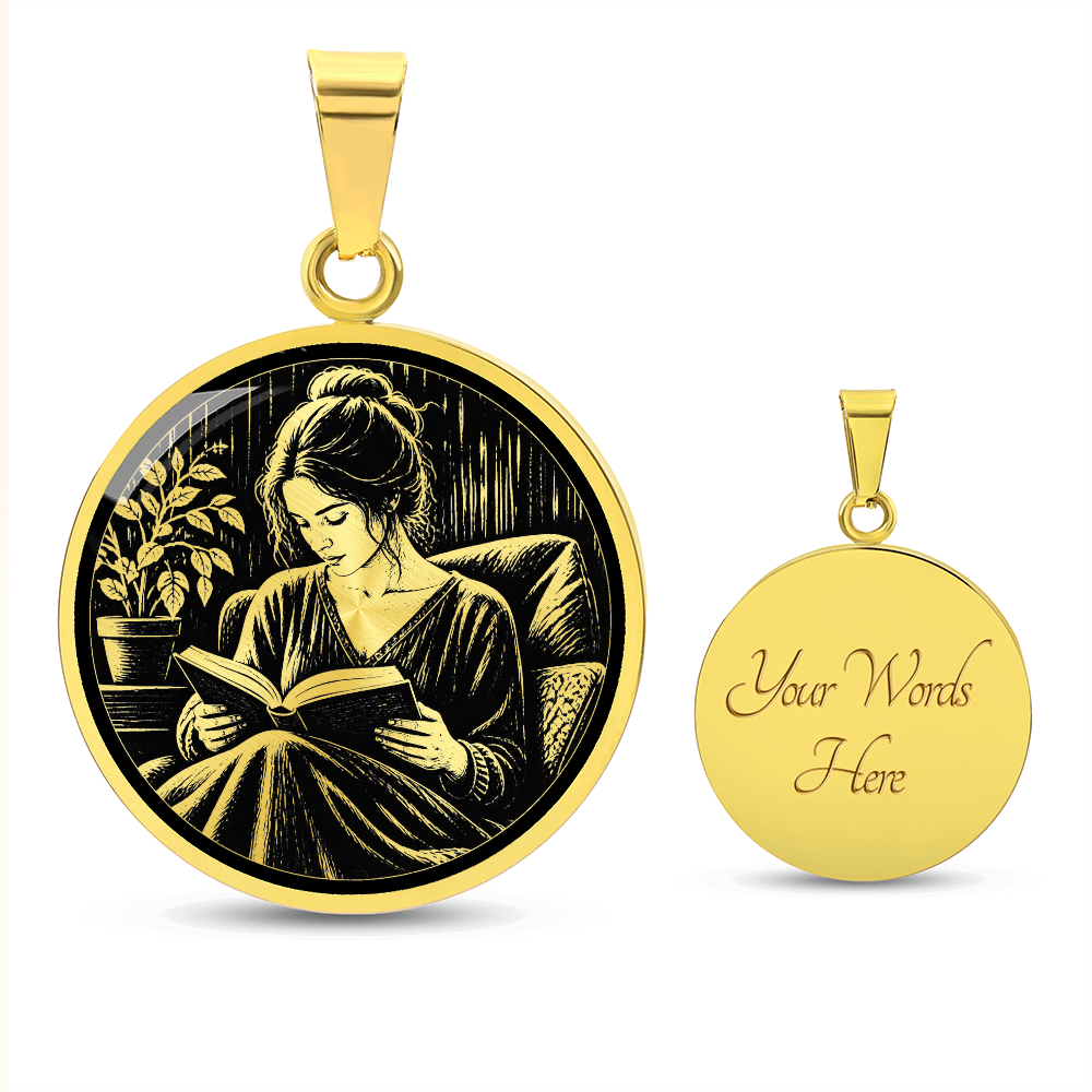 Woman Reading Necklace – Linocut Book Lover Pendant
