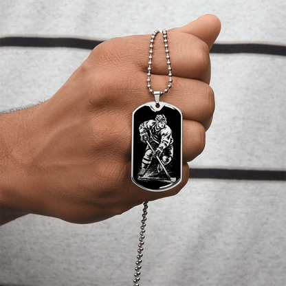 Surgical steel hockey player dog tag pendant featuring ice hockey skater illustration