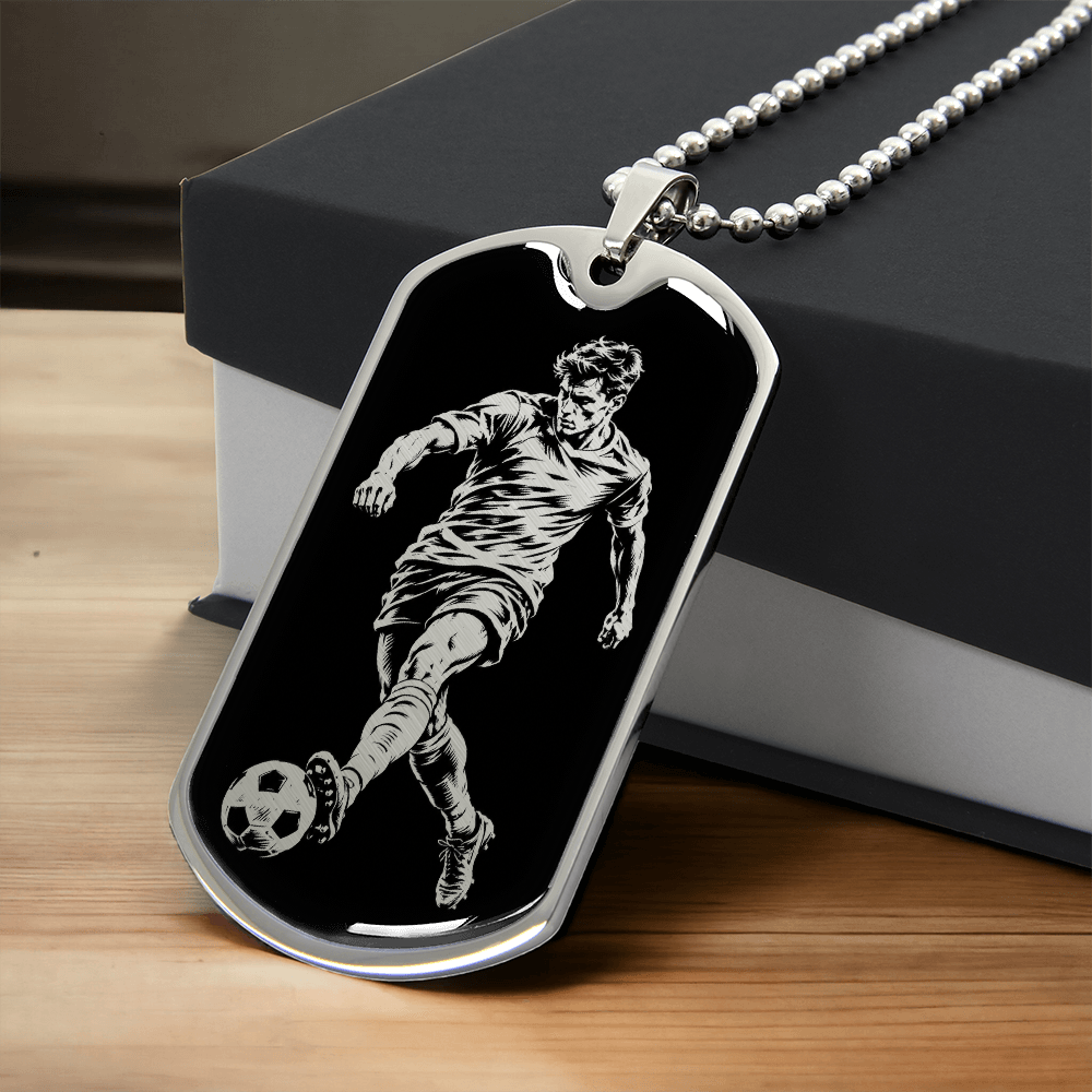 Soccer player dog tag necklace with white linocut football artwork on black pendant