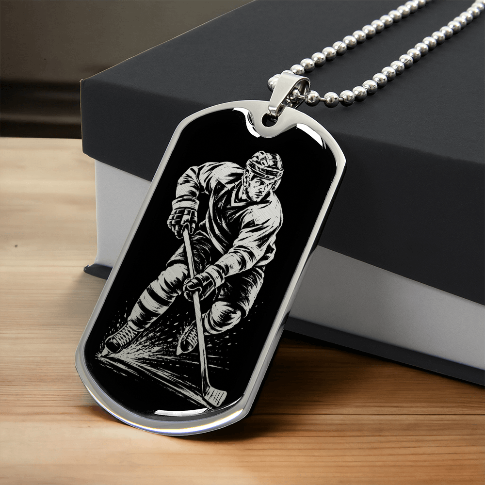 Surgical steel hockey player dog tag pendant featuring ice hockey skater illustration