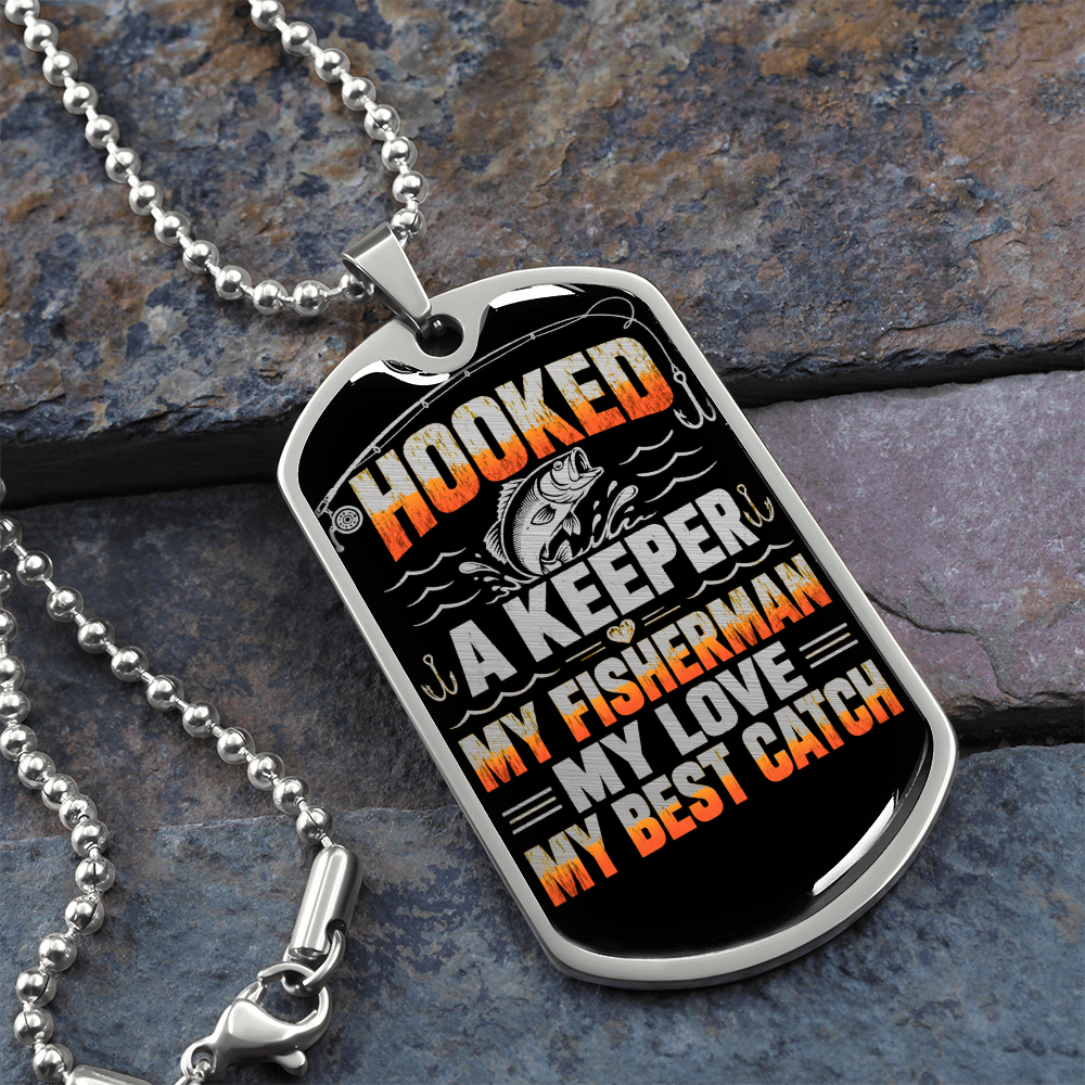 Hooked a Keeper fisherman dog tag necklace in surgical steel