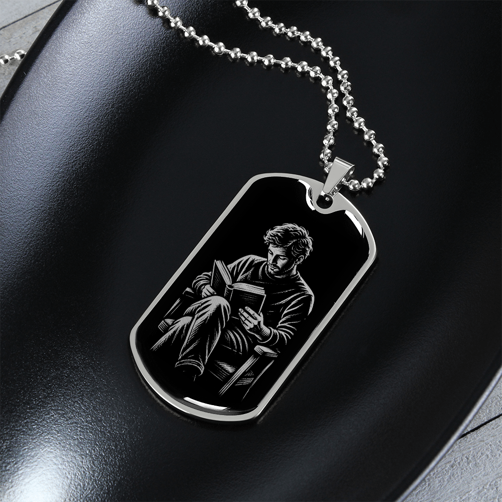 Man Reading Dog Tag Necklace – Linocut Book Lover Gift