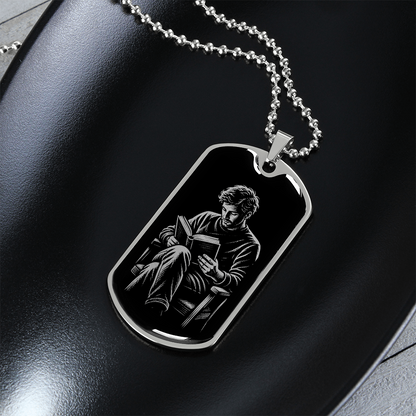 Man Reading Dog Tag Necklace – Linocut Book Lover Gift