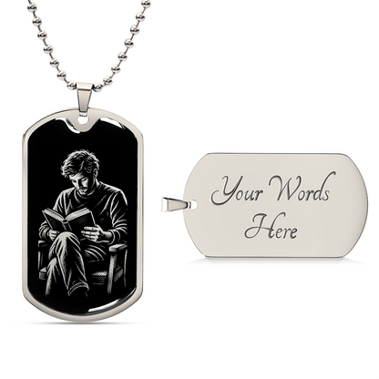 Man Reading Dog Tag Necklace – Linocut Book Lover Gift