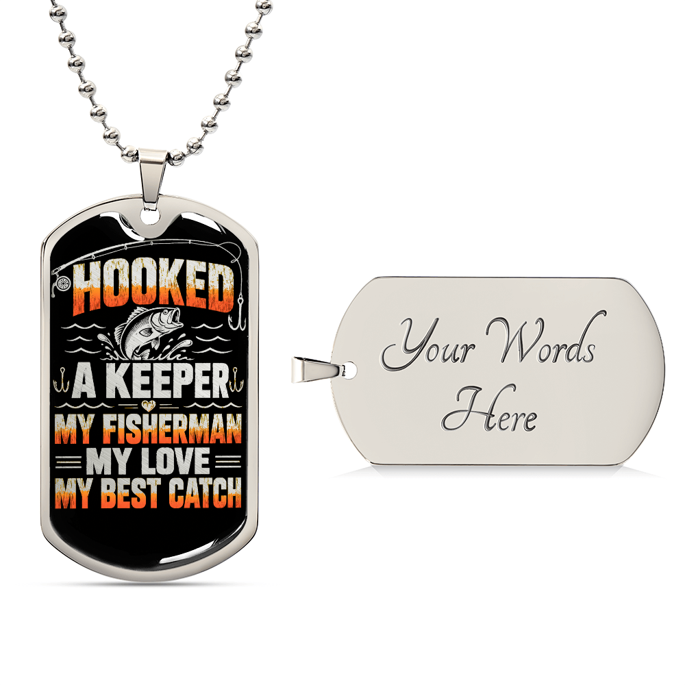 Optional personalized engraving on back of fisherman dog tag necklace