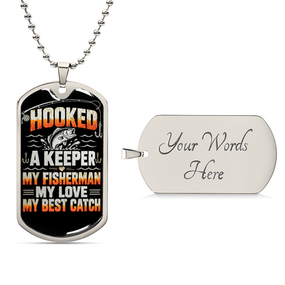 Optional personalized engraving on back of fisherman dog tag necklace