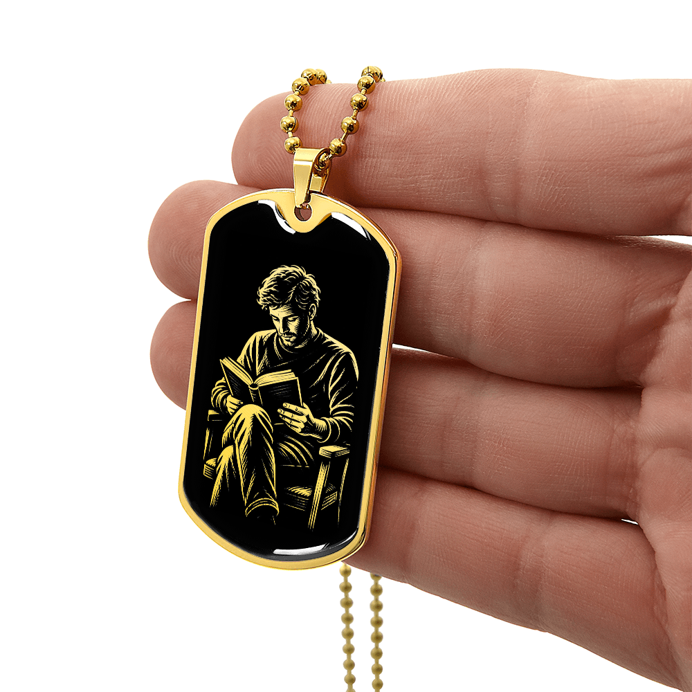 Man Reading Dog Tag Necklace – Linocut Book Lover Gift