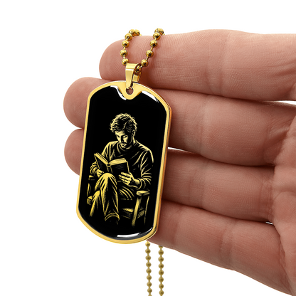 Man Reading Dog Tag Necklace – Linocut Book Lover Gift