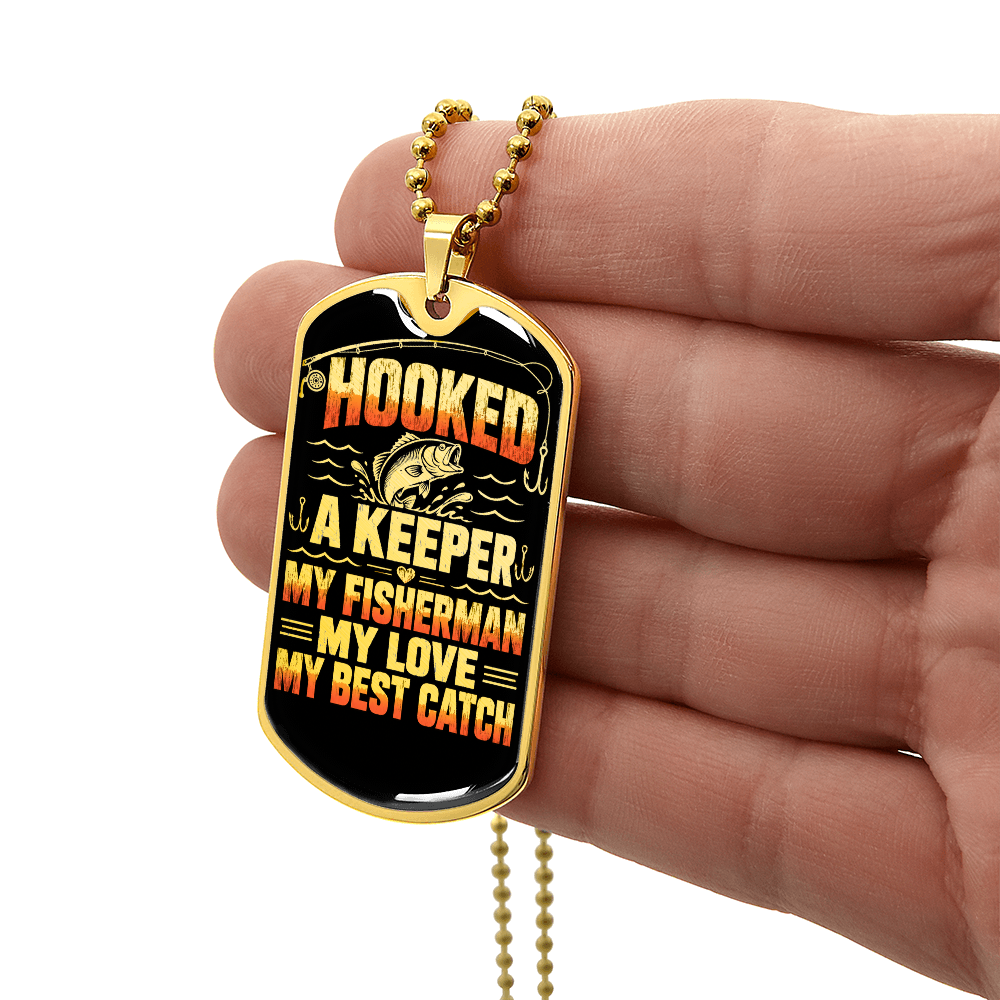 Fishing dog tag pendant featuring Hooked a Keeper quote and fish illustration