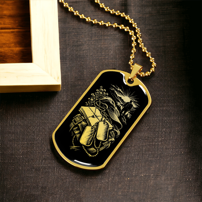 18K gold finish long distance military dog tag necklace with gold-toned illustration of backpack, letters and sunrise on black.