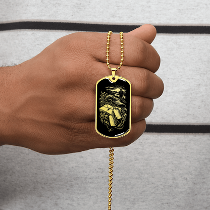 18K gold finish long distance military dog tag necklace with gold-toned illustration of backpack, letters and sunrise on black.