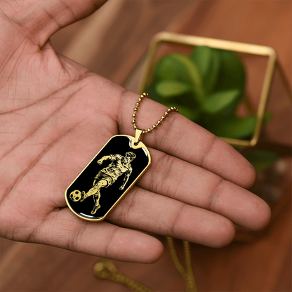 Gold finish football player dog tag necklace with monochrome sports illustration