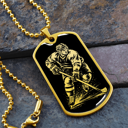 Ice hockey player dog tag necklace with black-and-white linocut artwork