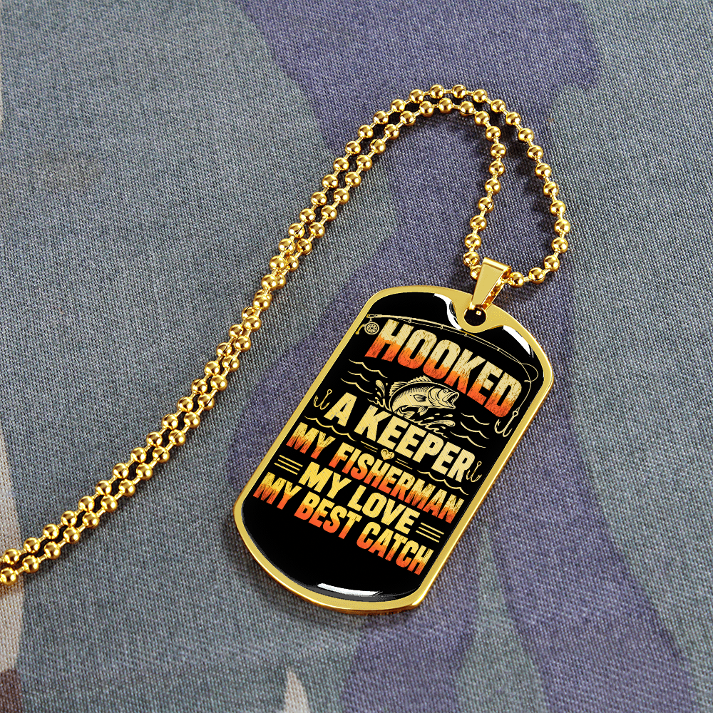 Fishing dog tag pendant featuring Hooked a Keeper quote and fish illustration