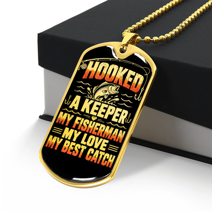 Gold finish fisherman necklace with My Best Catch fishing message