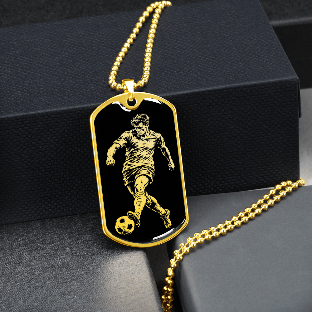 Gold finish football player dog tag necklace with monochrome sports illustration