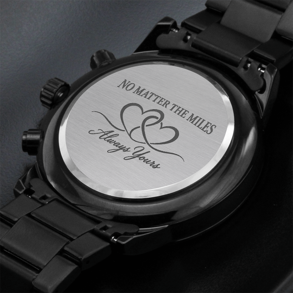 Black stainless-steel men's watch with matching link bracelet, three subdials, date display and minimalist hour markers.