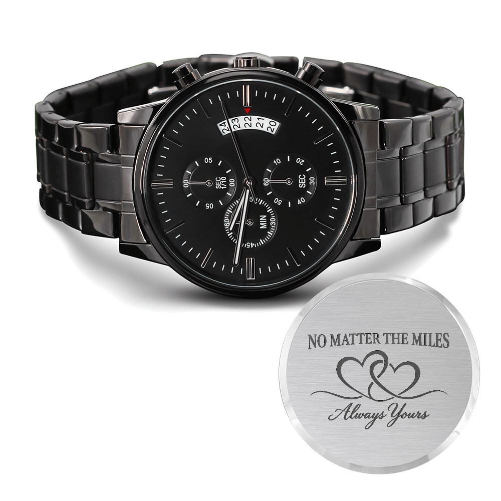 Black stainless-steel men's watch with matching link bracelet, three subdials, date display and minimalist hour markers.