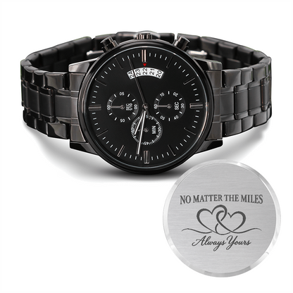 Black stainless-steel men's watch with matching link bracelet, three subdials, date display and minimalist hour markers.