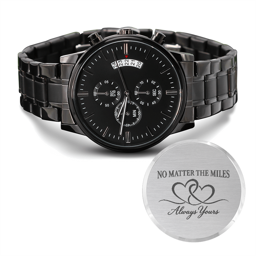 Front of black men's quartz watch featuring three smaller subdials, date display and metal link bracelet