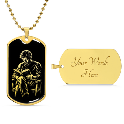 Man Reading Dog Tag Necklace – Linocut Book Lover Gift