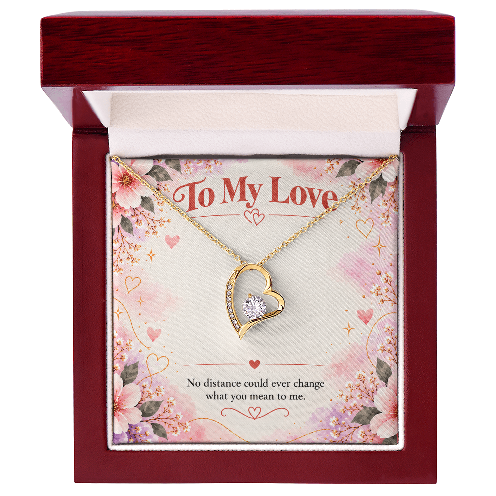 18K yellow gold finish Forever Love heart necklace with 6.5 mm cubic zirconia crystal and romantic long-distance message card.