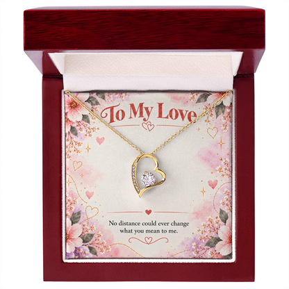 18K yellow gold finish Forever Love heart necklace with 6.5 mm cubic zirconia crystal and romantic long-distance message card.