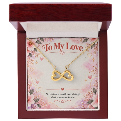 Long distance love necklace with silver infinity hearts pendant and pink floral To My Love message card about love across distance.