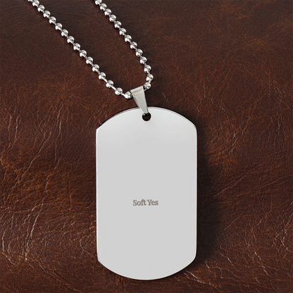 Engraved necklace with the words “Soft Yes,” minimalist love jewelry from Left Unsaid