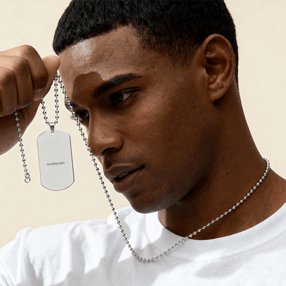 Minimal engraved necklace with “Breathing again” text
