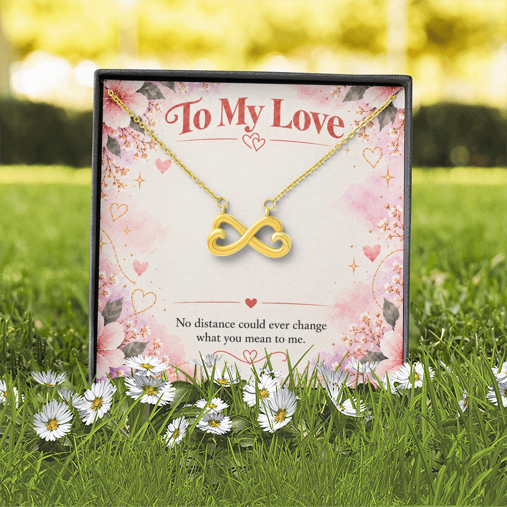 18K yellow gold finish intertwined hearts necklace with romantic long distance relationship message card.