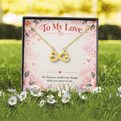18K yellow gold finish intertwined hearts necklace with romantic long distance relationship message card.