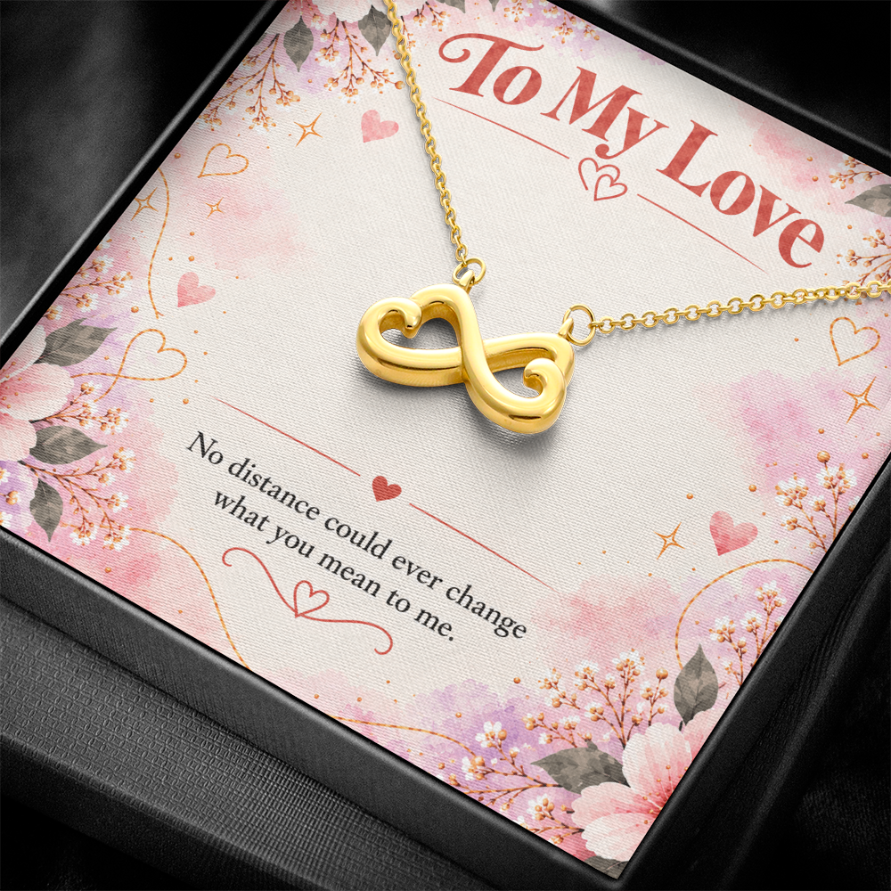 18K yellow gold finish intertwined hearts necklace with romantic long distance relationship message card.