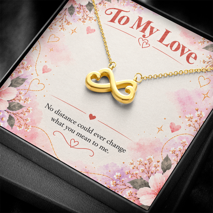18K yellow gold finish intertwined hearts necklace with romantic long distance relationship message card.
