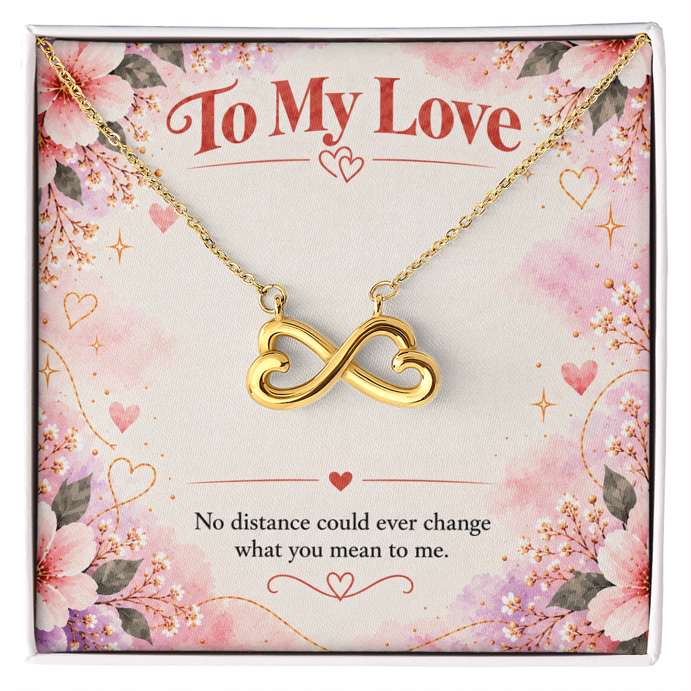 18K yellow gold finish intertwined hearts necklace with romantic long distance relationship message card.
