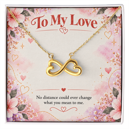 18K yellow gold finish intertwined hearts necklace with romantic long distance relationship message card.