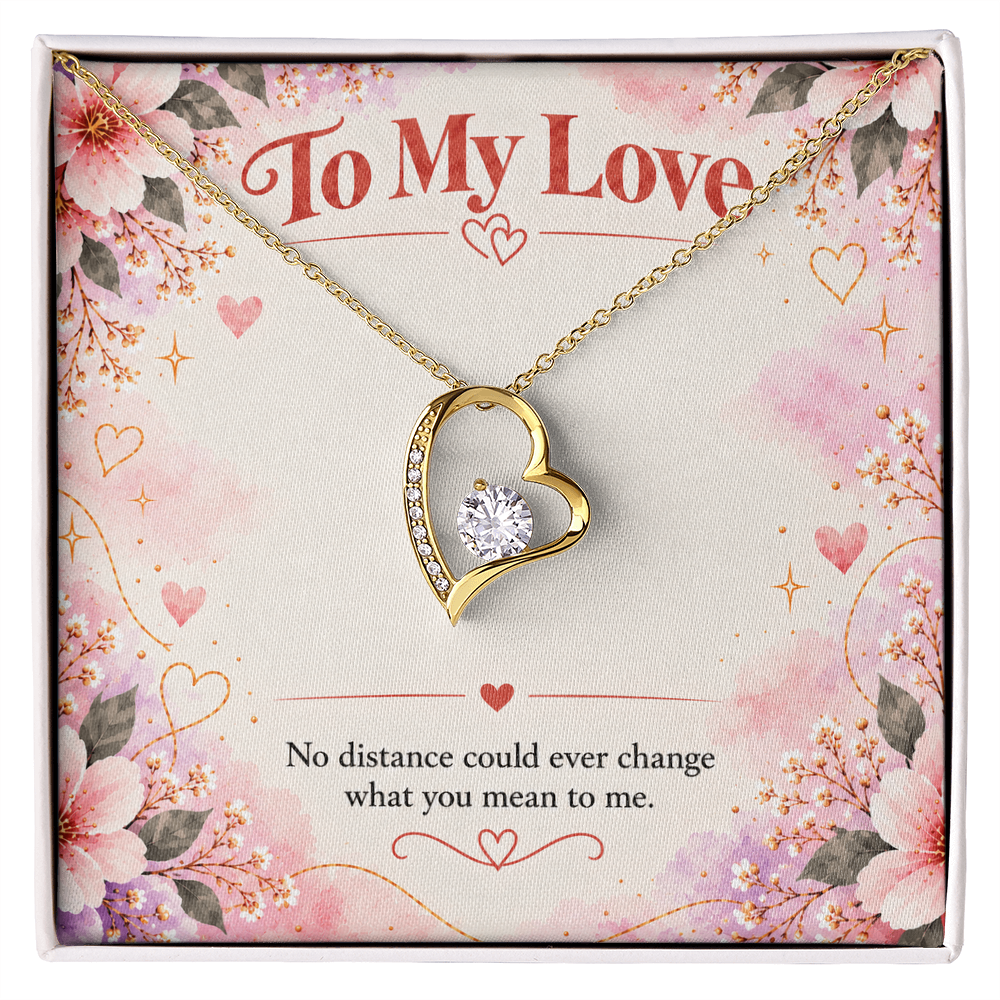 14K white gold finish Forever Love necklace featuring an open-heart pendant with clear cubic zirconia stones on a floral message card.