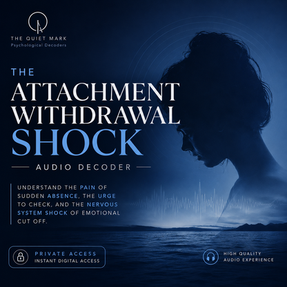 Dark blue cinematic cover image for The Attachment Withdrawal Shock Audio Decoder featuring a silhouette profile over an ocean backdrop with psychological audio branding and emotional withdrawal theme.