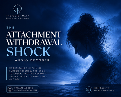Cinematic blue emotional artwork showing attachment withdrawal shock and emotional absence for The Quiet Mark audio decoder