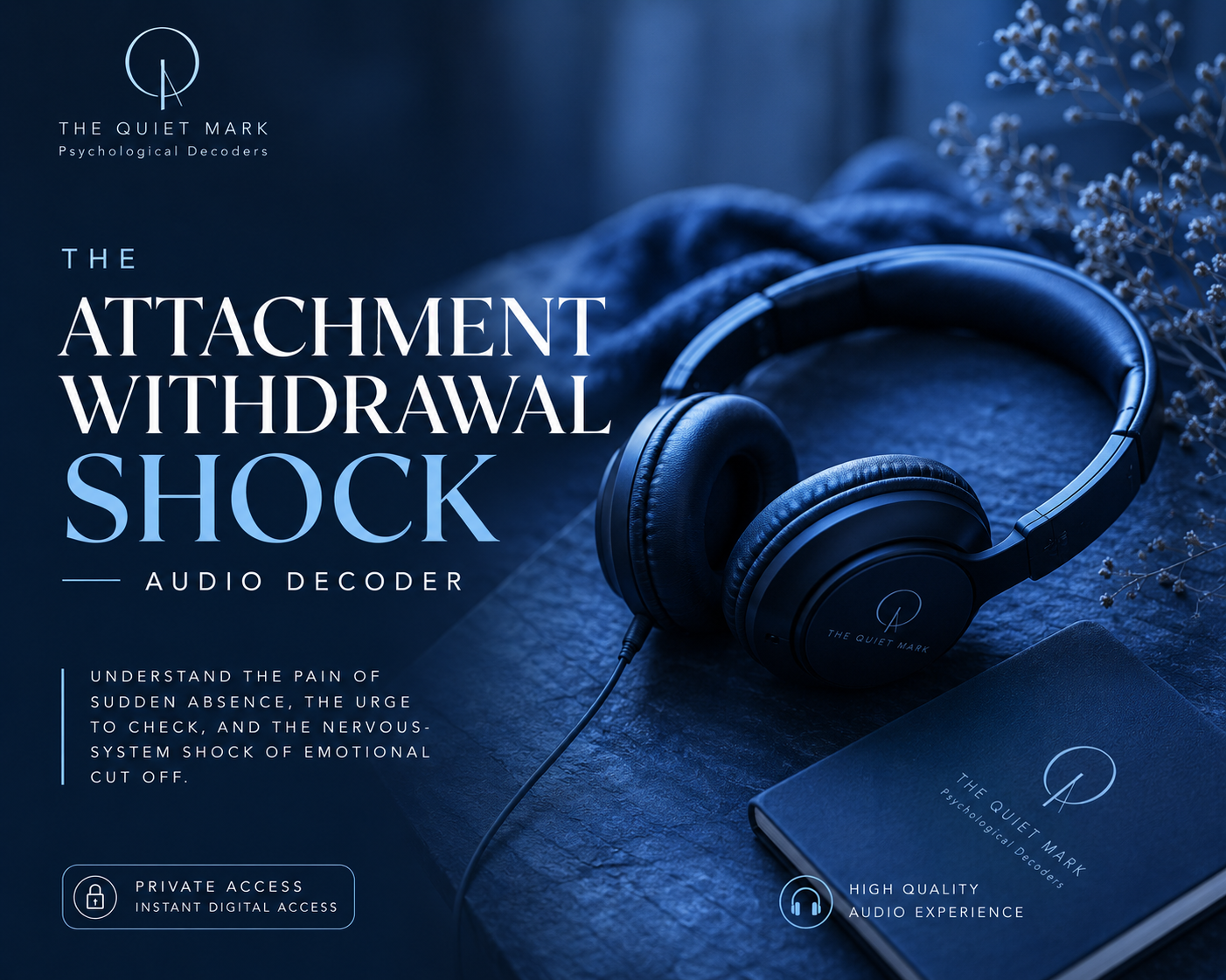 Dark bluish headphones promotional artwork for The Attachment Withdrawal Shock Audio Decoder by The Quiet Mark