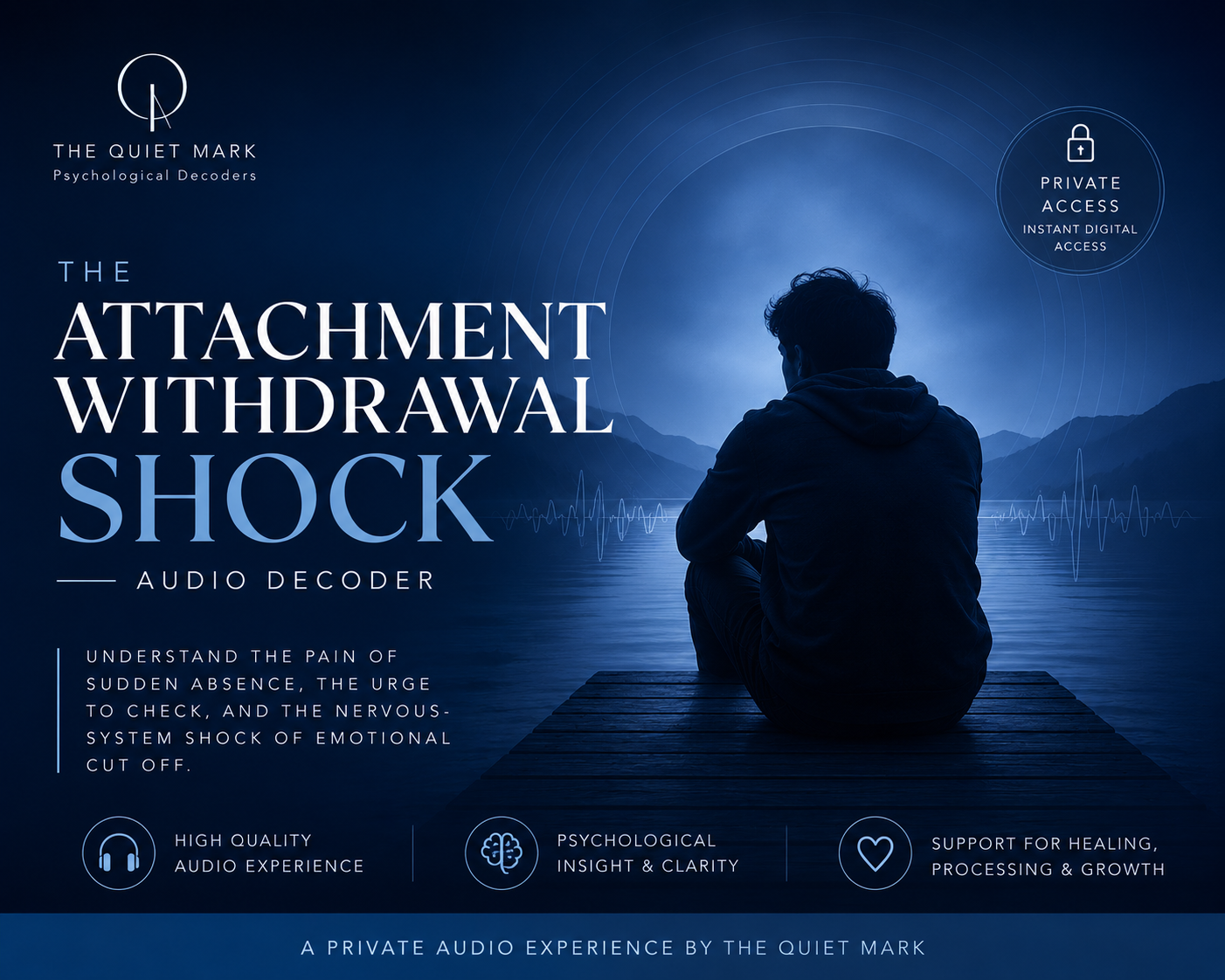 Person sitting by a lake with text about 'The Attachment Withdrawal Shock' audio decoder by The Quiet Mark.