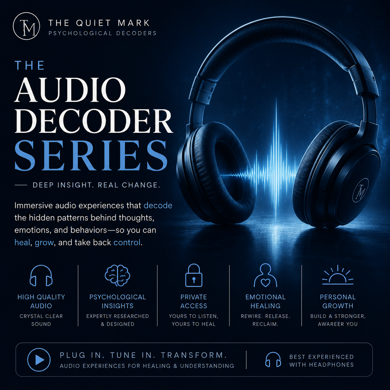 Dark blue cinematic promotional image for The Audio Decoder Series featuring large headphones, glowing soundwave graphics, psychological audio branding, and immersive audiobook-style private listening themes.